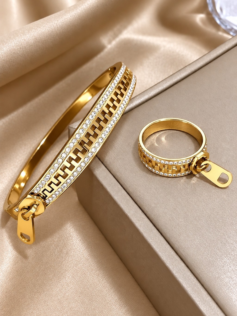 Gold Zipper-Accent Bracelet and Ring Set